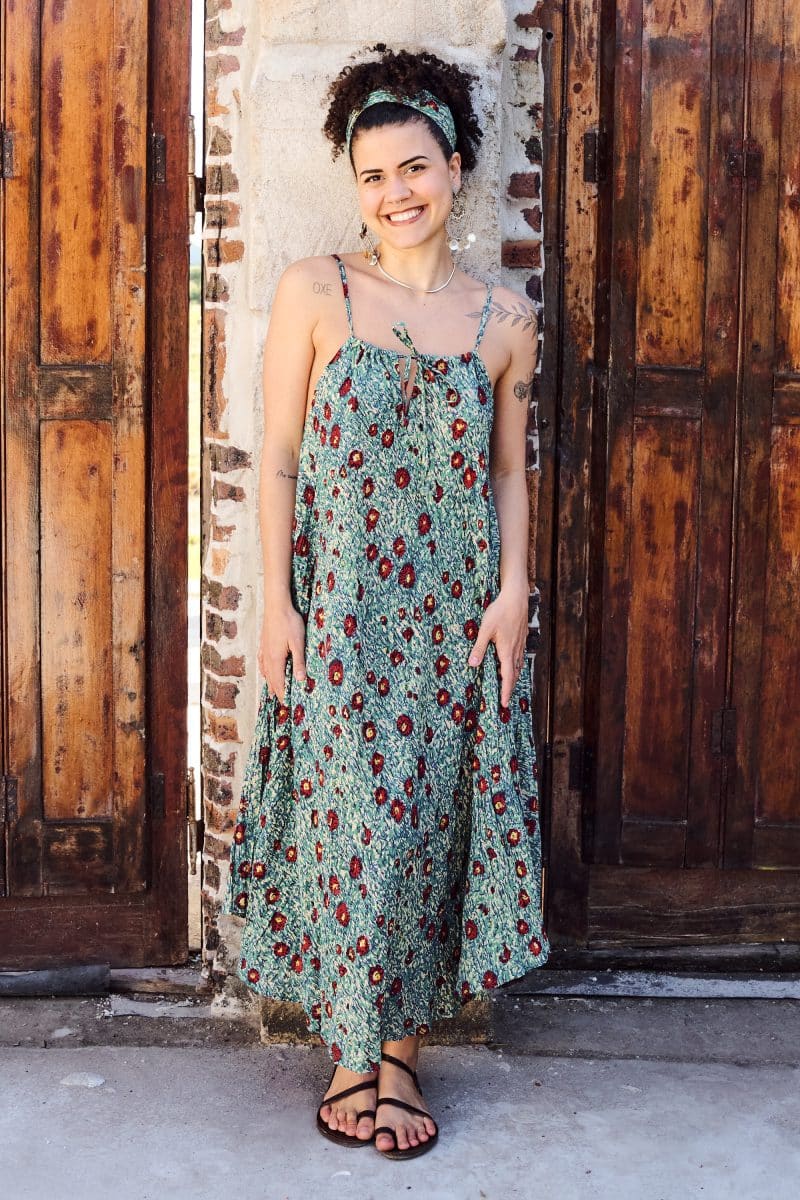 Womens, midi, maxi, Aveline Dress, spaghetti straps, spiral swing, 100% Cotton, hand block print. Blue with pops of red - Allegra