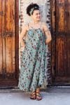 Womens, midi, maxi, Aveline Dress, spaghetti straps, spiral swing, 100% Cotton, hand block print. Blue with pops of red - Allegra