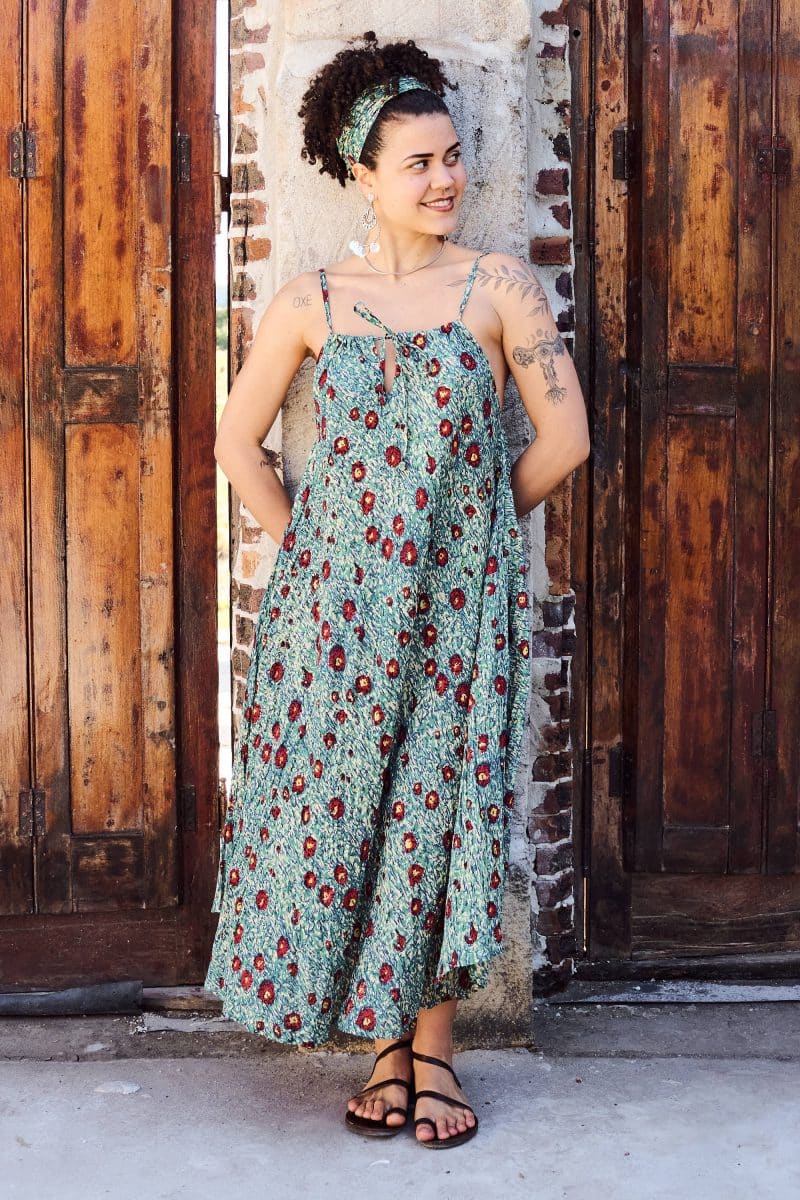 Womens, midi, maxi, Aveline Dress, spaghetti straps, spiral swing, 100% Cotton, hand block print. Blue with pops of red - Allegra