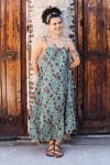 Womens, midi, maxi, Aveline Dress, spaghetti straps, spiral swing, 100% Cotton, hand block print. Blue with pops of red - Allegra