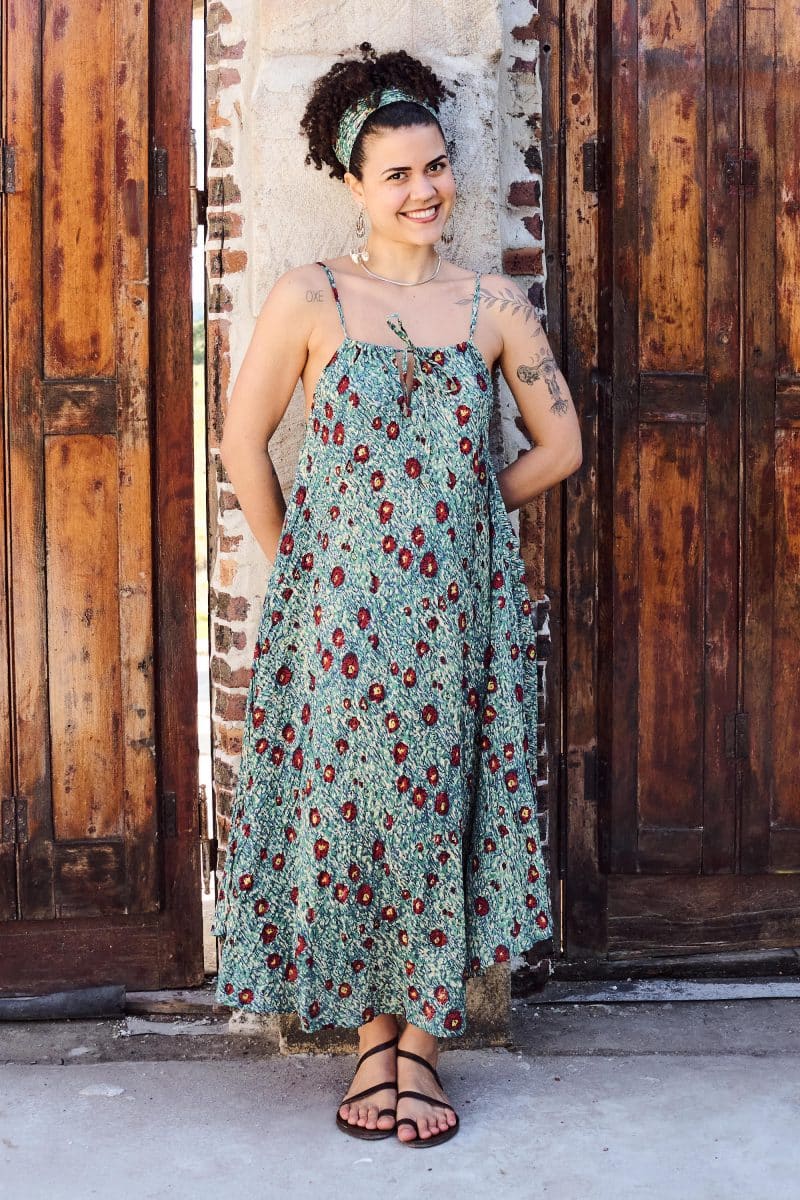Womens, midi, maxi, Aveline Dress, spaghetti straps, spiral swing, 100% Cotton, hand block print. Blue with pops of red - Allegra