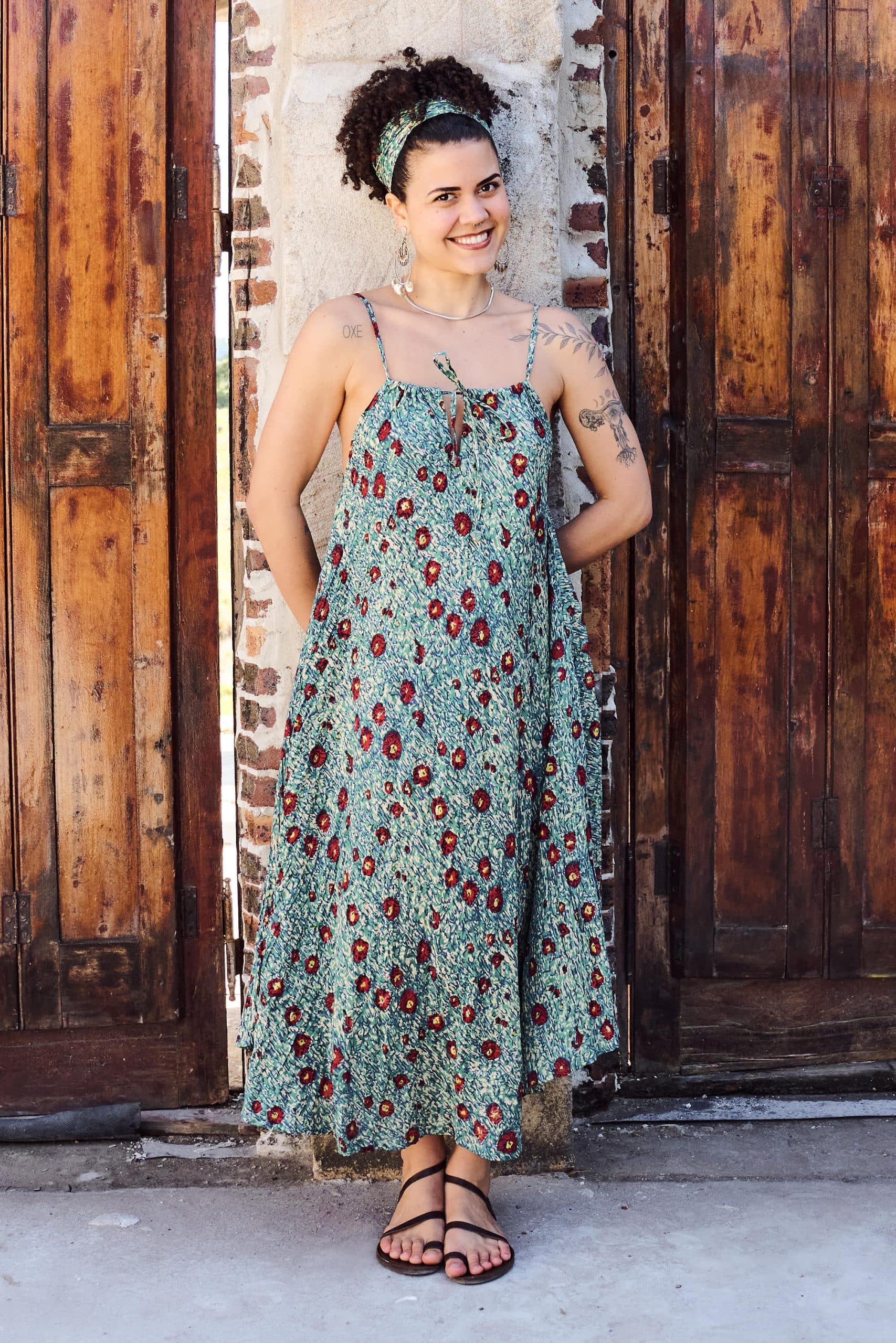 Womens, midi, maxi, Aveline Dress, spaghetti straps, spiral swing, 100% Cotton, hand block print. Blue with pops of red - Allegra