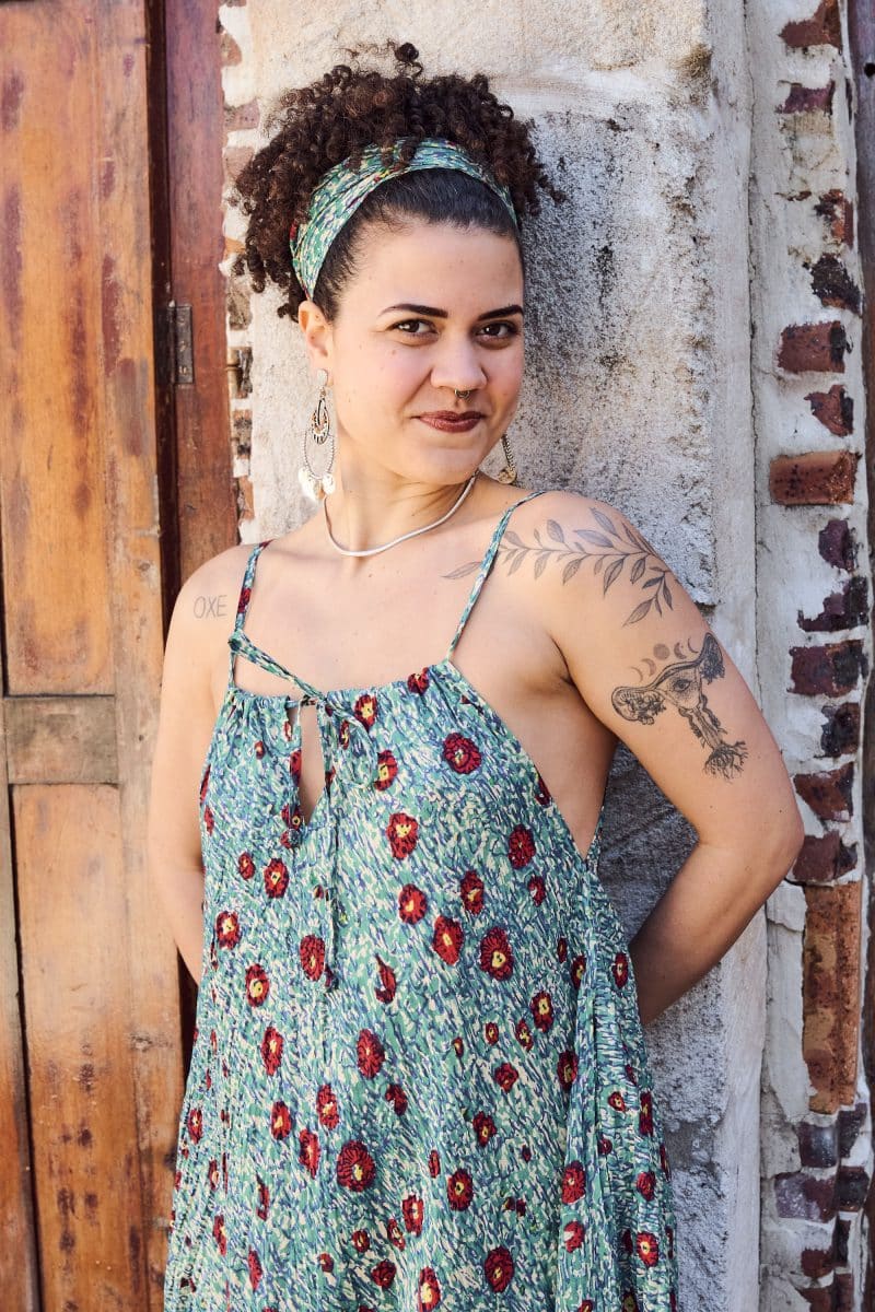Womens, midi, maxi, Aveline Dress, spaghetti straps, spiral swing, 100% Cotton, hand block print. Blue with pops of red - Allegra