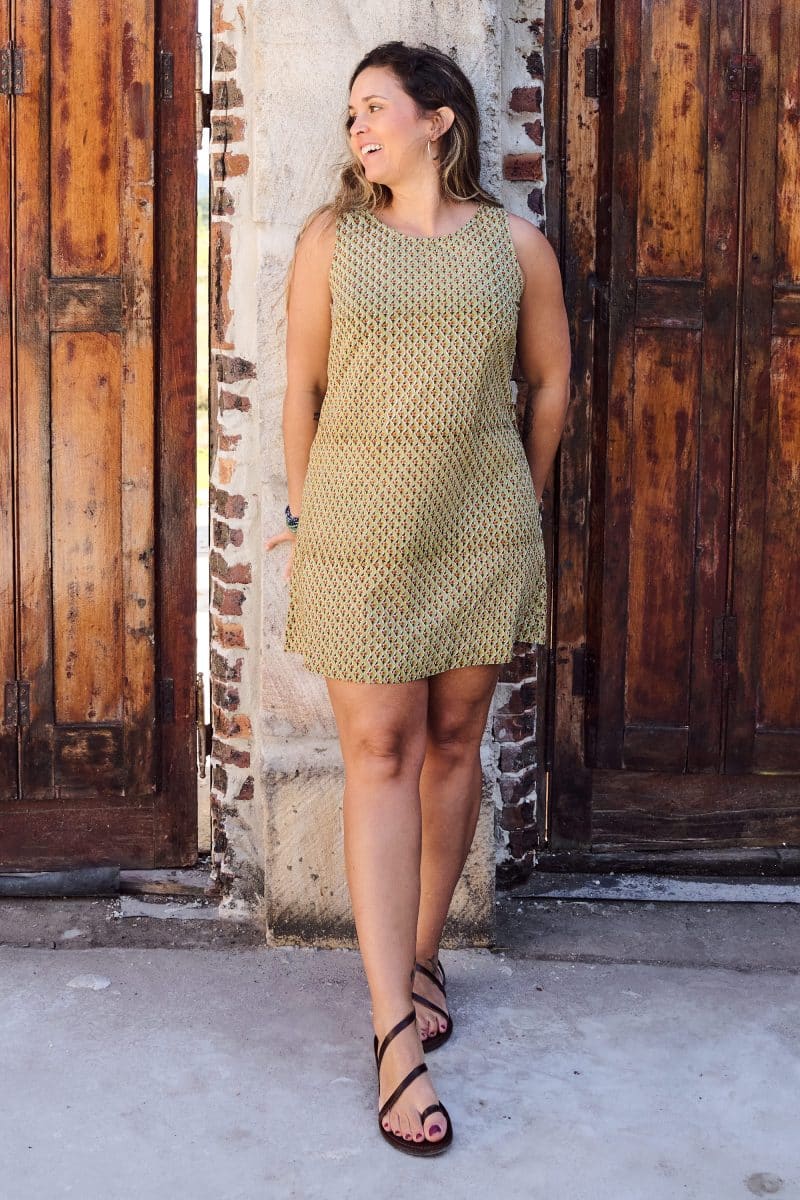 Womens, mini, Tivoli Dress, sleeveless, 100% Cotton, hand block print. Olive Green - Nimira