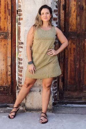 Womens, mini, Tivoli Dress, sleeveless, 100% Cotton, hand block print. Olive Green - Nimira
