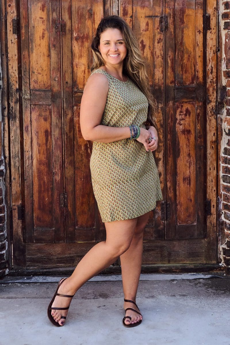 Womens, mini, Tivoli Dress, sleeveless, 100% Cotton, hand block print. Olive Green - Nimira
