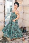 Womens, maxi, Sabine Dress, adjustable spaghetti straps, tiered, with belt. 100% Cotton, hand block print. Blue with pops of red - Allegra