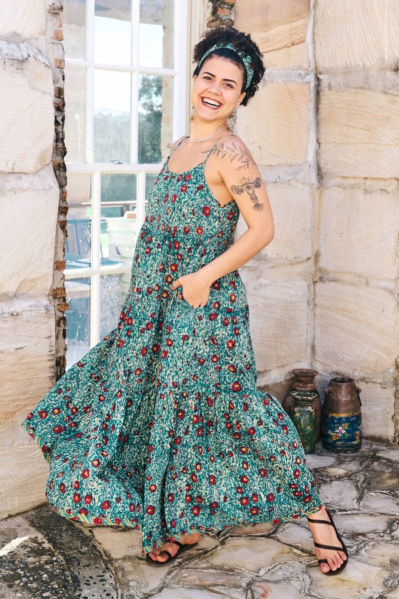Womens, maxi, Sabine Dress, adjustable spaghetti straps, tiered, with belt. 100% Cotton, hand block print. Blue with pops of red - Allegra