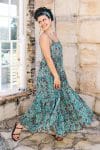 Womens, maxi, Sabine Dress, adjustable spaghetti straps, tiered, with belt. 100% Cotton, hand block print. Blue with pops of red - Allegra
