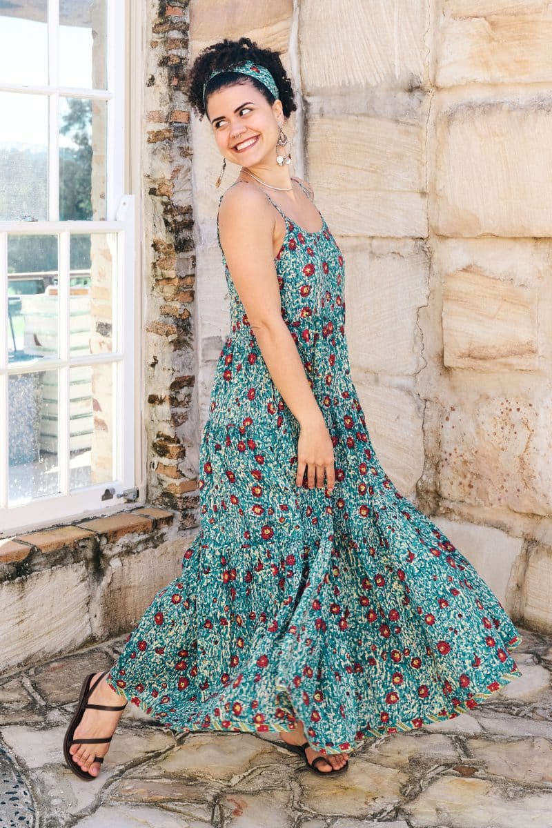 Womens, maxi, Sabine Dress, adjustable spaghetti straps, tiered, with belt. 100% Cotton, hand block print. Blue with pops of red - Allegra