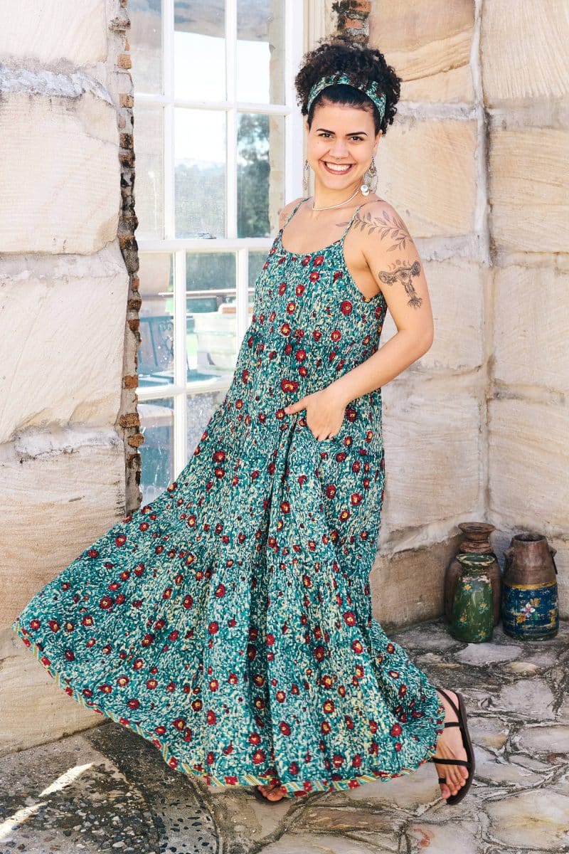 Womens, maxi, Sabine Dress, adjustable spaghetti straps, tiered, with belt. 100% Cotton, hand block print. Blue with pops of red - Allegra