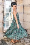 Womens, maxi, Sabine Dress, adjustable spaghetti straps, tiered, with belt. 100% Cotton, hand block print. Blue with pops of red - Allegra