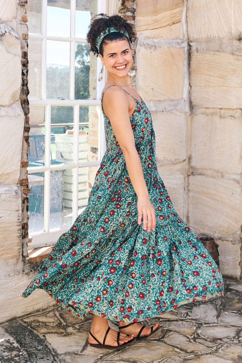 Womens, maxi, Sabine Dress, adjustable spaghetti straps, tiered, with belt. 100% Cotton, hand block print. Blue with pops of red - Allegra