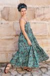 Womens, maxi, Sabine Dress, adjustable spaghetti straps, tiered, with belt. 100% Cotton, hand block print. Blue with pops of red - Allegra