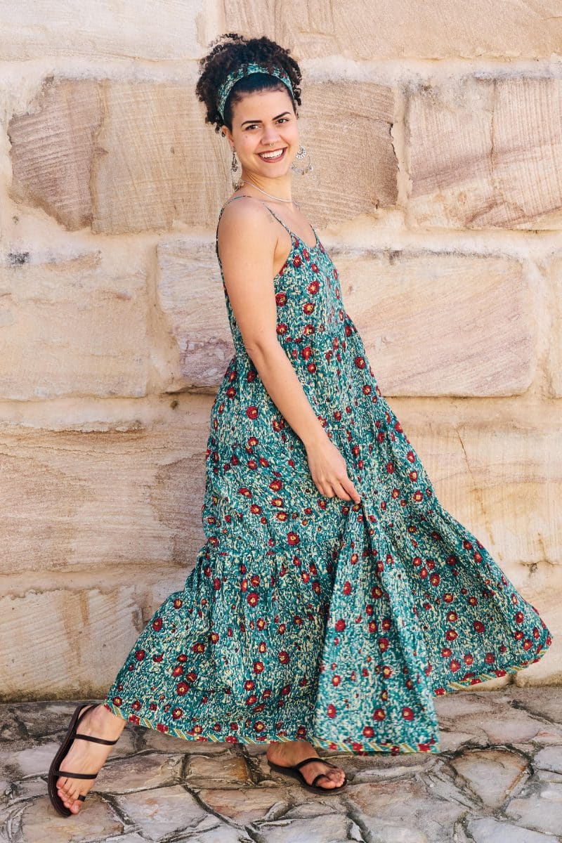 Womens, maxi, Sabine Dress, adjustable spaghetti straps, tiered, with belt. 100% Cotton, hand block print. Blue with pops of red - Allegra