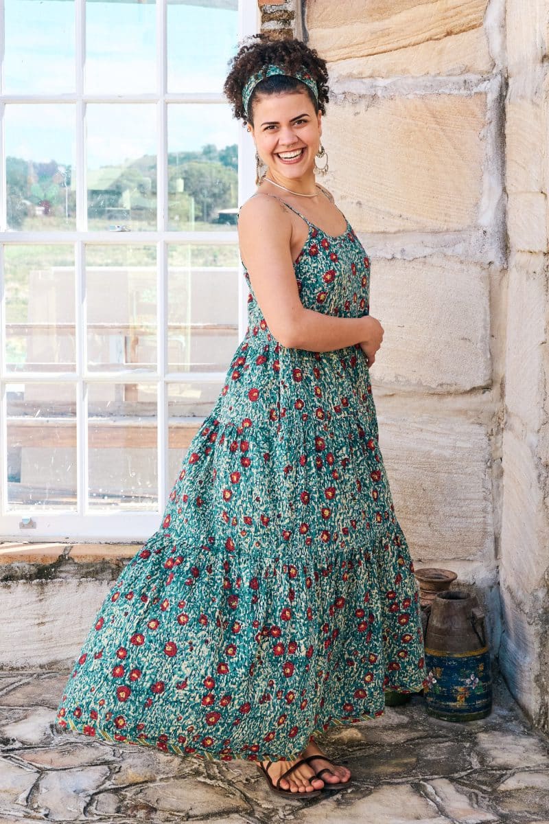 Womens, maxi, Sabine Dress, adjustable spaghetti straps, tiered, with belt. 100% Cotton, hand block print. Blue with pops of red - Allegra