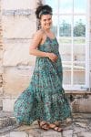 Womens, maxi, Sabine Dress, adjustable spaghetti straps, tiered, with belt. 100% Cotton, hand block print. Blue with pops of red - Allegra
