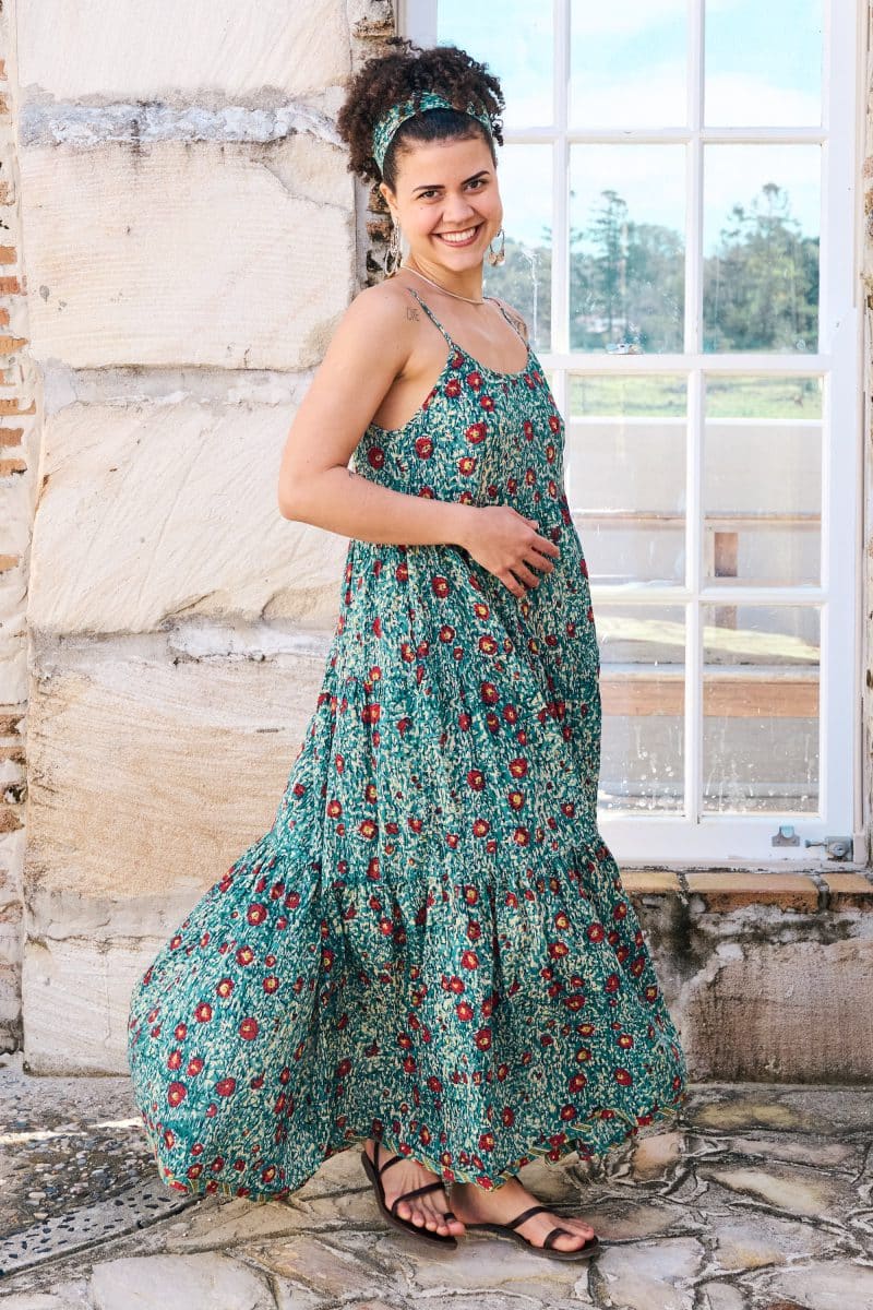 Womens, maxi, Sabine Dress, adjustable spaghetti straps, tiered, with belt. 100% Cotton, hand block print. Blue with pops of red - Allegra