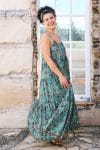 Womens, maxi, Sabine Dress, adjustable spaghetti straps, tiered, with belt. 100% Cotton, hand block print. Blue with pops of red - Allegra