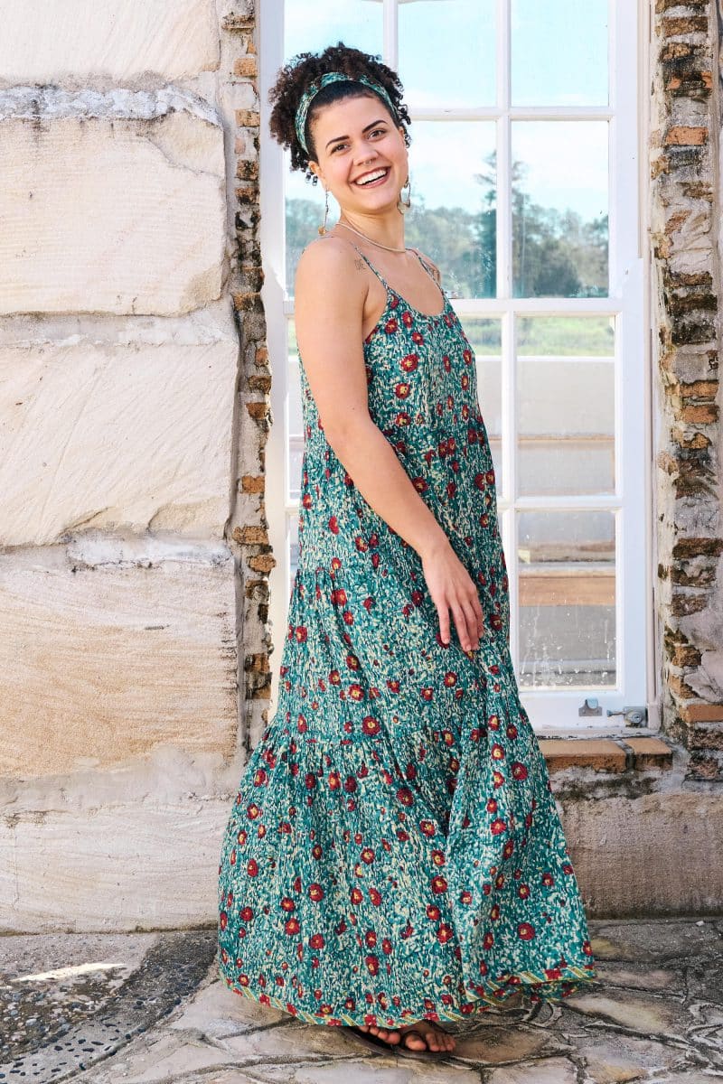 Womens, maxi, Sabine Dress, adjustable spaghetti straps, tiered, with belt. 100% Cotton, hand block print. Blue with pops of red - Allegra