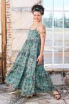 Womens, maxi, Sabine Dress, adjustable spaghetti straps, tiered, with belt. 100% Cotton, hand block print. Blue with pops of red - Allegra