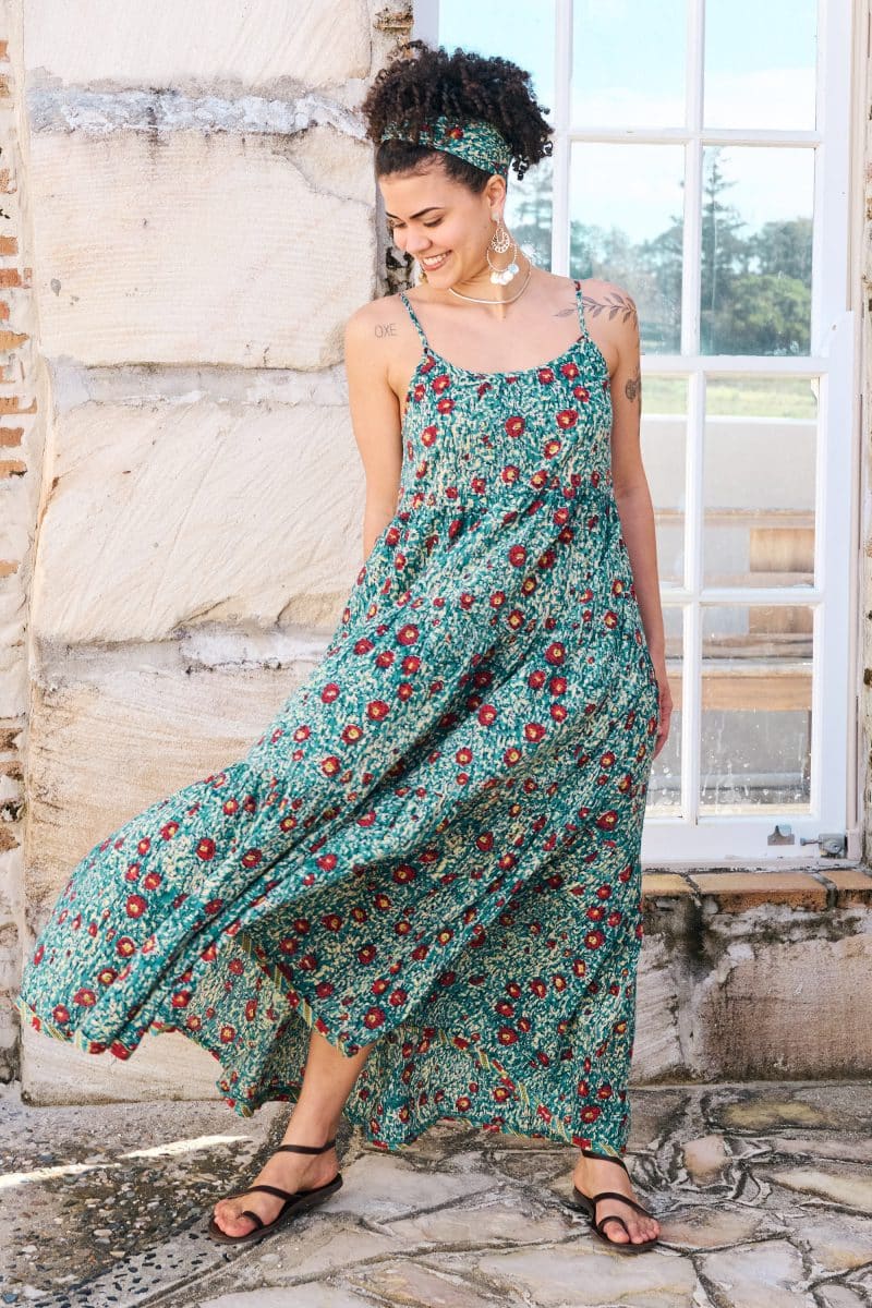 Womens, maxi, Sabine Dress, adjustable spaghetti straps, tiered, with belt. 100% Cotton, hand block print. Blue with pops of red - Allegra