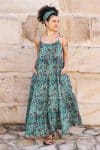 Womens, maxi, Sabine Dress, adjustable spaghetti straps, tiered, with belt. 100% Cotton, hand block print. Blue with pops of red - Allegra