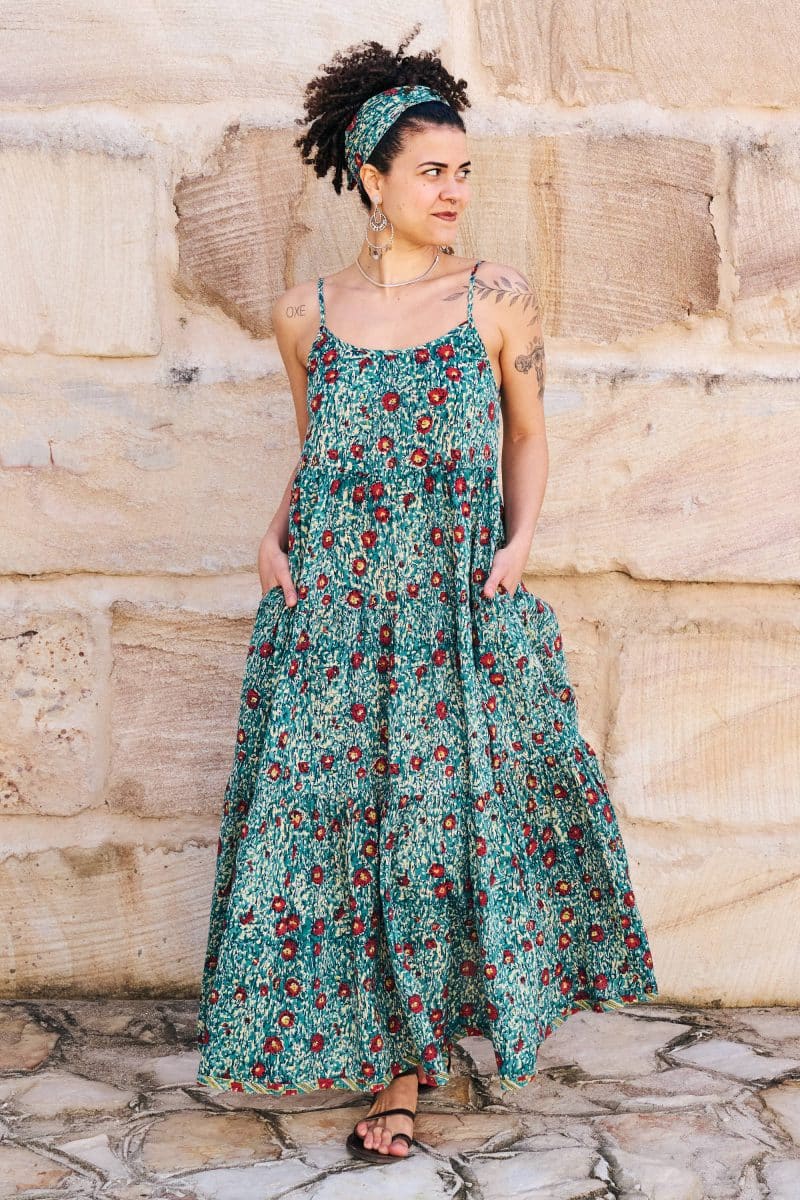 Womens, maxi, Sabine Dress, adjustable spaghetti straps, tiered, with belt. 100% Cotton, hand block print. Blue with pops of red - Allegra