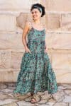 Womens, maxi, Sabine Dress, adjustable spaghetti straps, tiered, with belt. 100% Cotton, hand block print. Blue with pops of red - Allegra