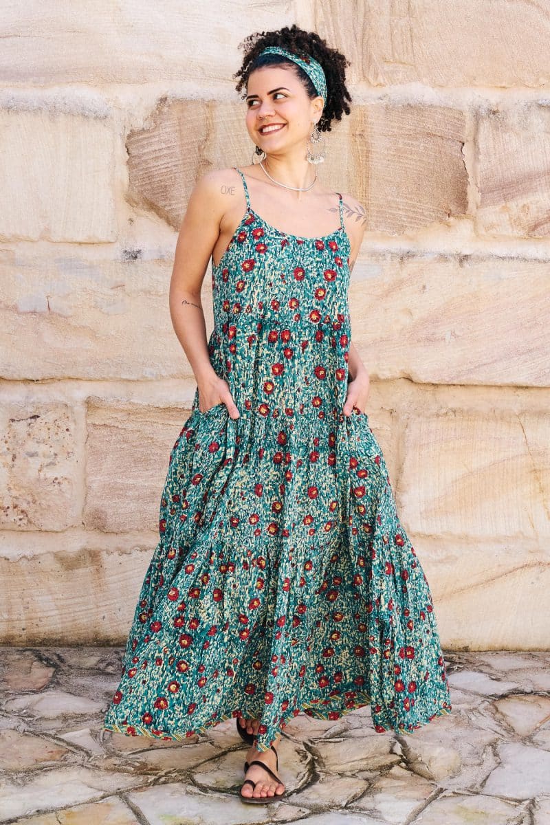 Womens, maxi, Sabine Dress, adjustable spaghetti straps, tiered, with belt. 100% Cotton, hand block print. Blue with pops of red - Allegra