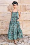 Womens, maxi, Sabine Dress, adjustable spaghetti straps, tiered, with belt. 100% Cotton, hand block print. Blue with pops of red - Allegra