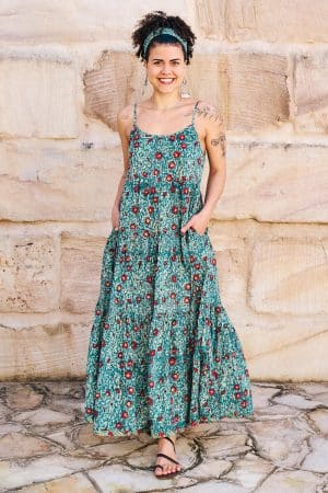 Womens, maxi, Sabine Dress, adjustable spaghetti straps, tiered, with belt. 100% Cotton, hand block print. Blue with pops of red - Allegra