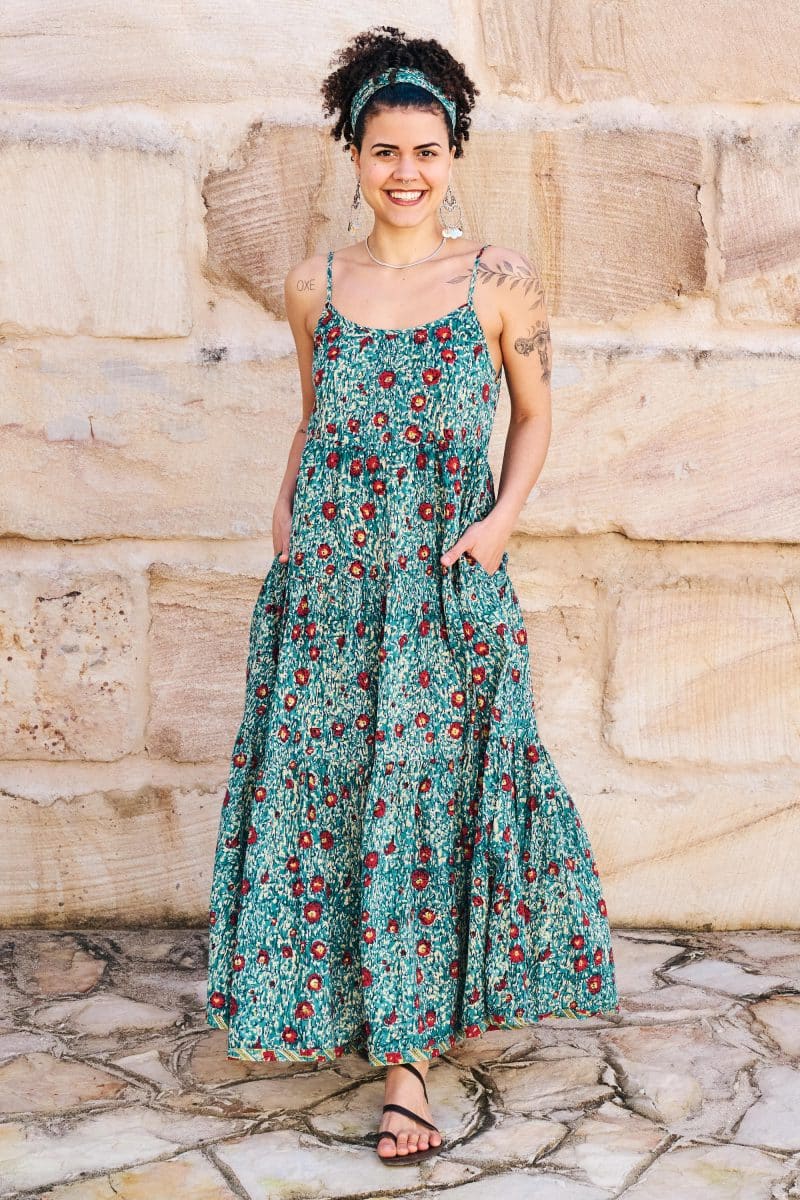 Womens, maxi, Sabine Dress, adjustable spaghetti straps, tiered, with belt. 100% Cotton, hand block print. Blue with pops of red - Allegra