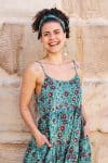 Womens, maxi, Sabine Dress, adjustable spaghetti straps, tiered, with belt. 100% Cotton, hand block print. Blue with pops of red - Allegra