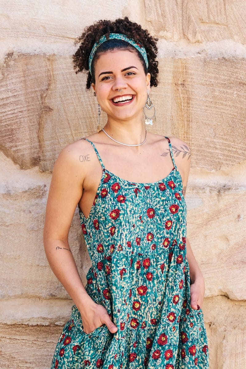 Womens, maxi, Sabine Dress, adjustable spaghetti straps, tiered, with belt. 100% Cotton, hand block print. Blue with pops of red - Allegra