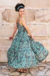 Womens, maxi, Sabine Dress, adjustable spaghetti straps, tiered, with belt. 100% Cotton, hand block print. Blue with pops of red - Allegra