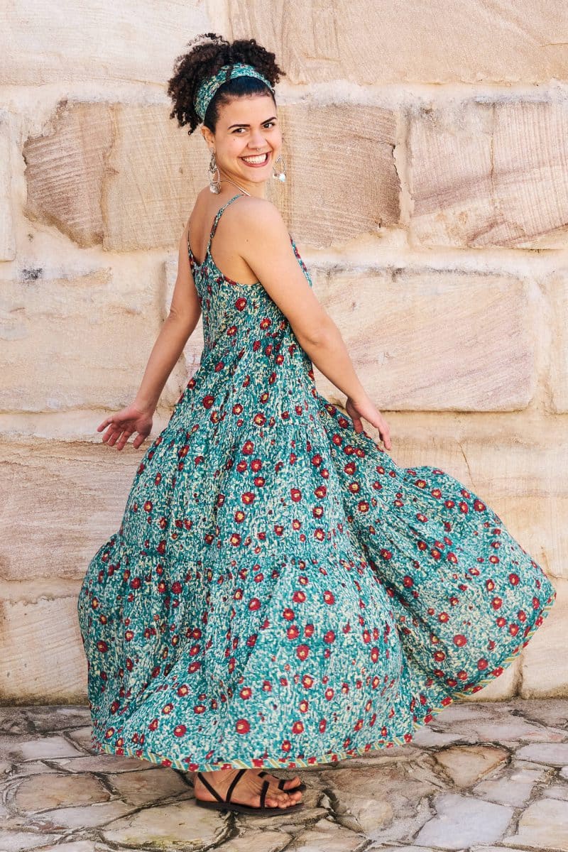 Womens, maxi, Sabine Dress, adjustable spaghetti straps, tiered, with belt. 100% Cotton, hand block print. Blue with pops of red - Allegra