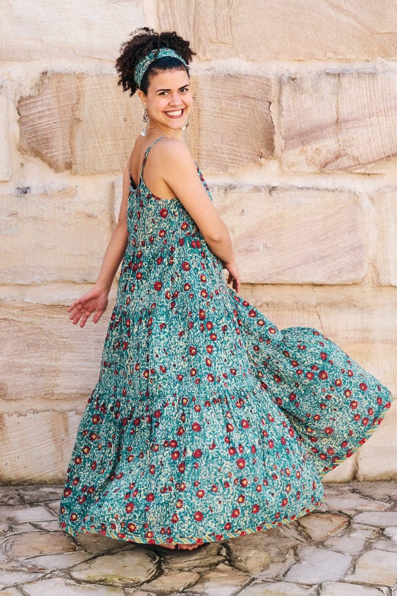 Womens, maxi, Sabine Dress, adjustable spaghetti straps, tiered, with belt. 100% Cotton, hand block print. Blue with pops of red - Allegra