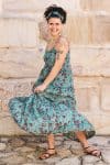 Womens, maxi, Sabine Dress, adjustable spaghetti straps, tiered, with belt. 100% Cotton, hand block print. Blue with pops of red - Allegra