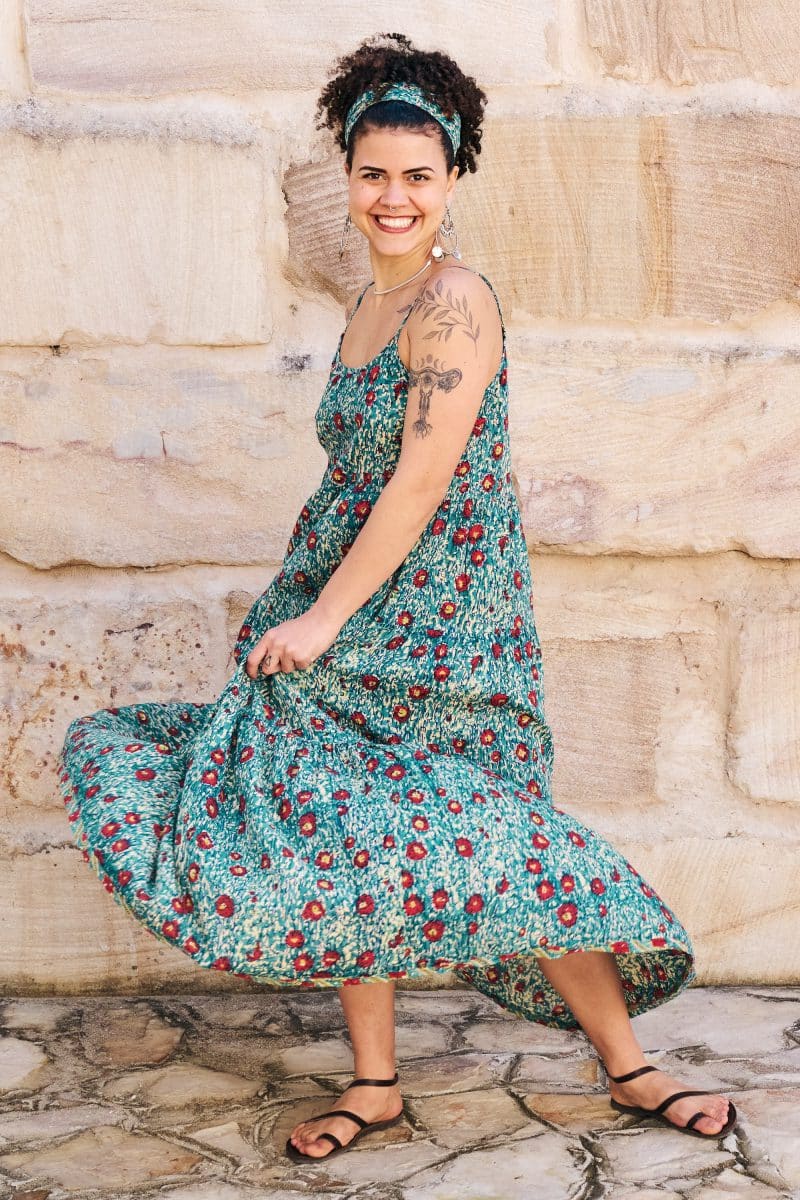 Womens, maxi, Sabine Dress, adjustable spaghetti straps, tiered, with belt. 100% Cotton, hand block print. Blue with pops of red - Allegra