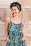 Womens, maxi, Sabine Dress, adjustable spaghetti straps, tiered, with belt. 100% Cotton, hand block print. Blue with pops of red - Allegra