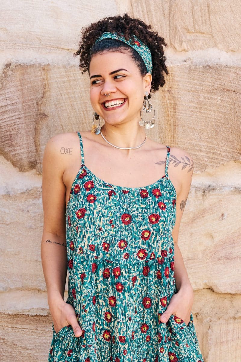 Womens, maxi, Sabine Dress, adjustable spaghetti straps, tiered, with belt. 100% Cotton, hand block print. Blue with pops of red - Allegra