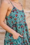 Womens, maxi, Sabine Dress, adjustable spaghetti straps, tiered, with belt. 100% Cotton, hand block print. Blue with pops of red - Allegra