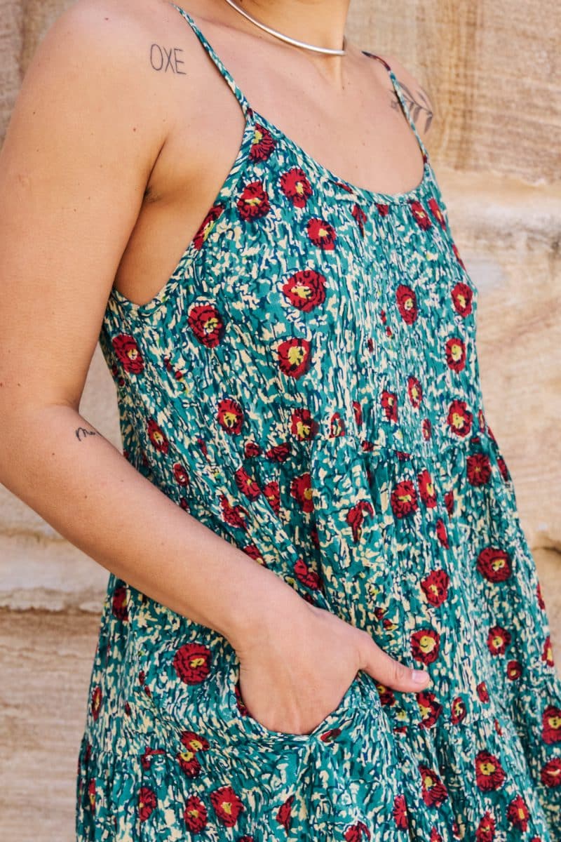 Womens, maxi, Sabine Dress, adjustable spaghetti straps, tiered, with belt. 100% Cotton, hand block print. Blue with pops of red - Allegra