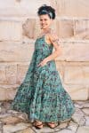 Womens, maxi, Sabine Dress, adjustable spaghetti straps, tiered, with belt. 100% Cotton, hand block print. Blue with pops of red - Allegra