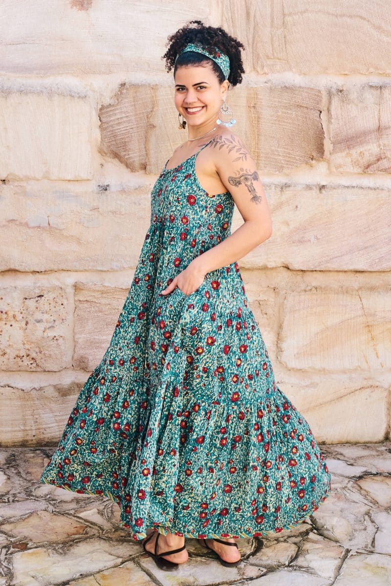 Womens, maxi, Sabine Dress, adjustable spaghetti straps, tiered, with belt. 100% Cotton, hand block print. Blue with pops of red - Allegra