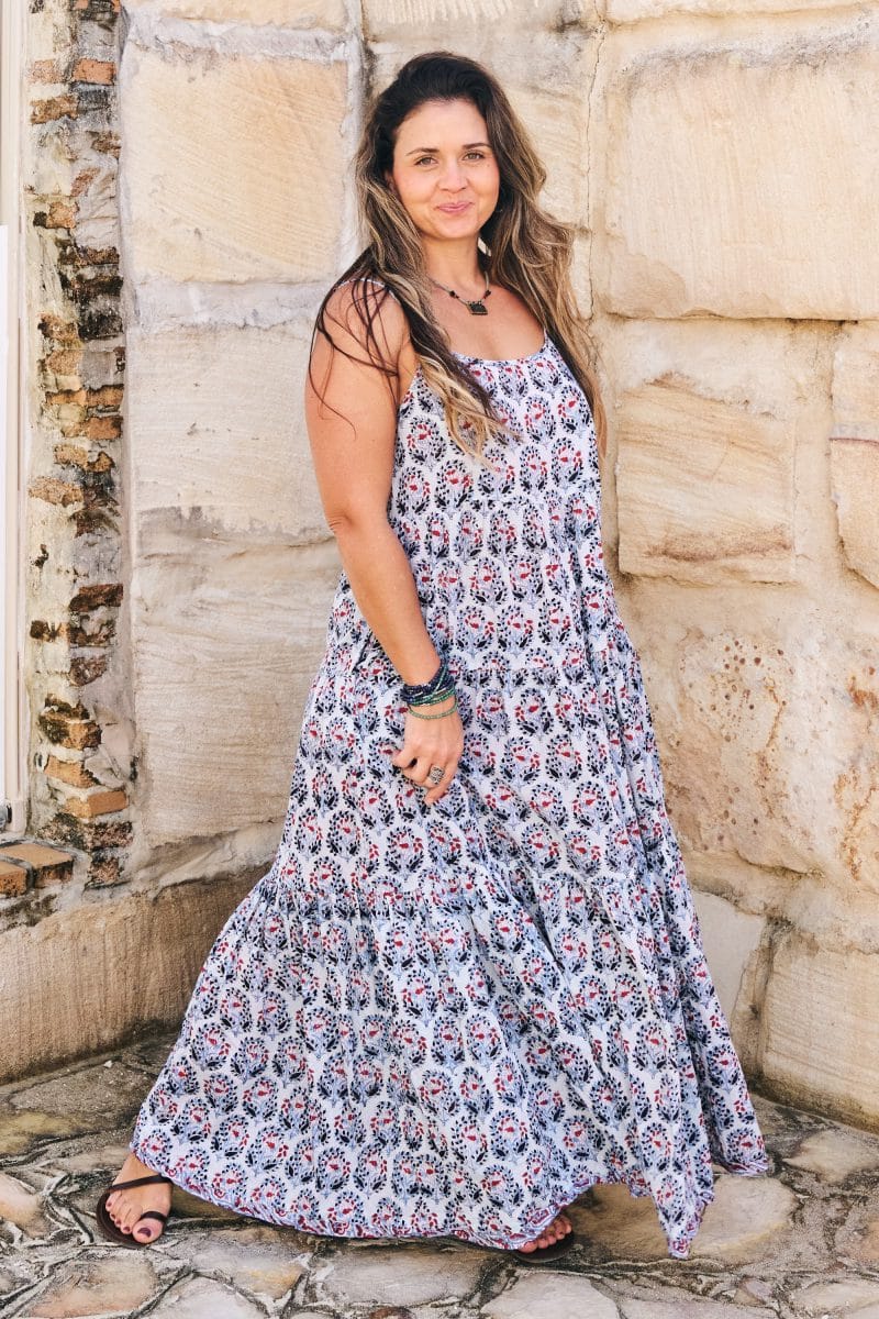 Womens, maxi, Sabine Dress, adjustable spaghetti straps, tiered, with belt. 100% Cotton, hand block print. Saphire Blue - Saphira