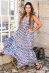 Womens, maxi, Sabine Dress, adjustable spaghetti straps, tiered, with belt. 100% Cotton, hand block print. Saphire Blue - Saphira