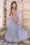 Womens, maxi, Sabine Dress, adjustable spaghetti straps, tiered, with belt. 100% Cotton, hand block print. Saphire Blue - Saphira