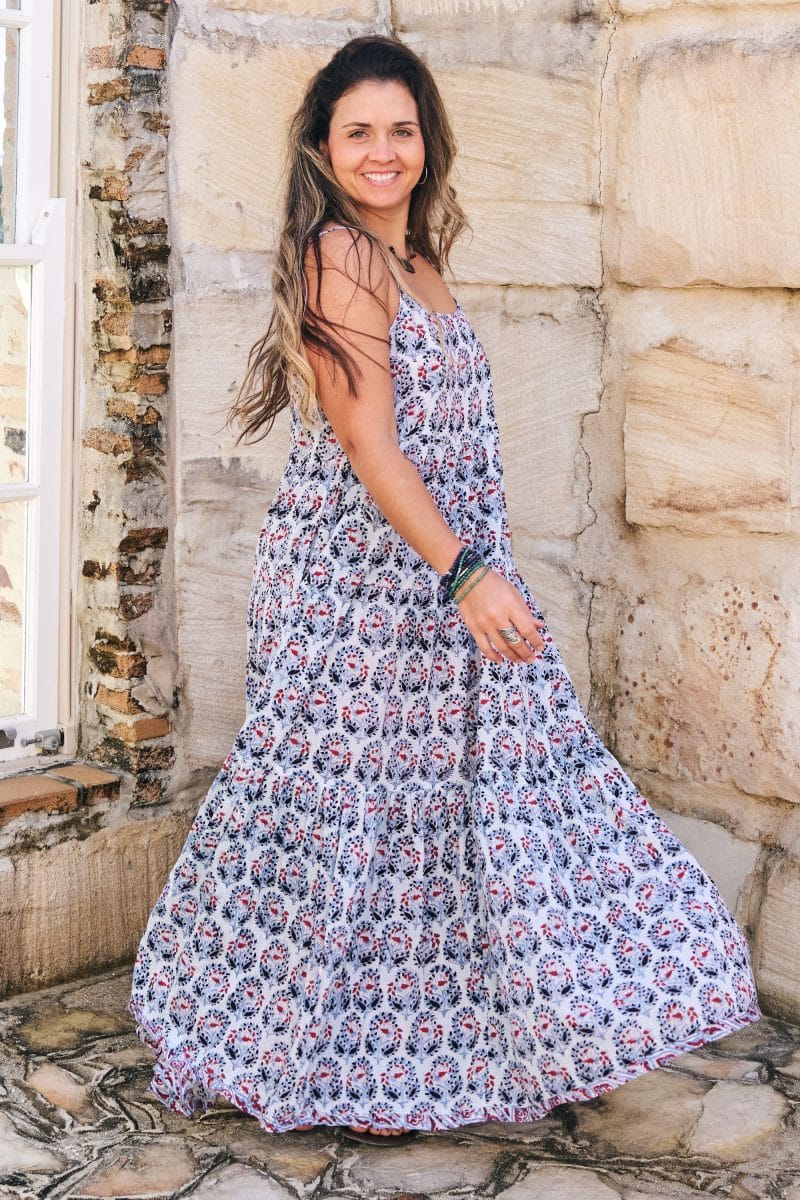Womens, maxi, Sabine Dress, adjustable spaghetti straps, tiered, with belt. 100% Cotton, hand block print. Saphire Blue - Saphira